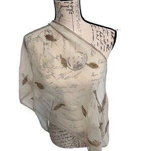 Vintage Vera Sheer Scarf Ivory Gold Leaf Print 42x16 Silk Blend Japan